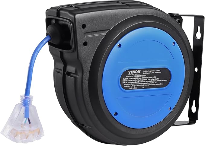 VEVOR 80FT Retractable Extension Cord Reel, 12AWG/3C SJTOW Heavy Duty Power Cord w/Lighted Electrical Triple Tap Outlets, 15A Circuit Breaker,180° Swivel Bracket for Workshop or Garage, Blue