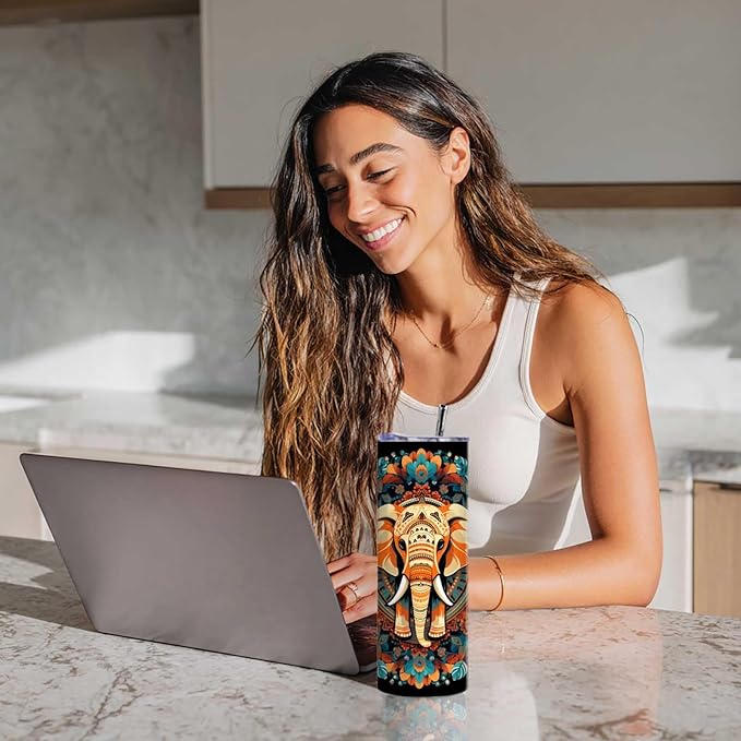 Firmiso 20 oz Tumbler｜Skinny Insulated Travel Mug｜Mandala Elephant Stainless Steel Cup with Lid and Telescopic Straw｜Boho Artistic Drinkware｜Gifts Idea for Women Men