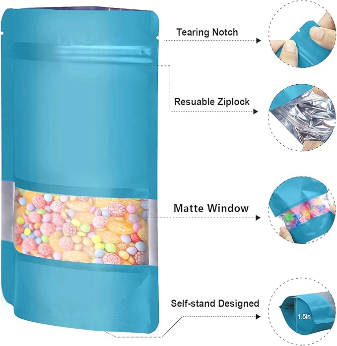 6.3"x9.5" 120pcs Mylar Bags for Food Storage,Smell Proof Bag with Matte Window Resealable Food Storage Bags for Small Business, Stand-up Foil Pouch Packaging Freeze Dried Candy Bag(Blue)