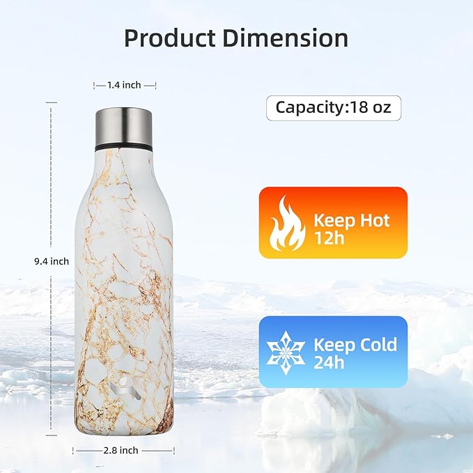 Konokyo Insulated Water Bottle with Strap,18 oz Double Wall Stainless Steel Vacuum Bottles Metal Water Flask,Marble Amber