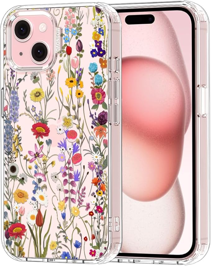 MOSNOVO Case for iPhone 15 Plus/iPhone 14 Plus, [Buffertech 6.6ft Military-Grade Drop Protection] [Anti Peel Off Tech] Clear TPU Bumper Phone Case Cover Design - Wildflower Meadow