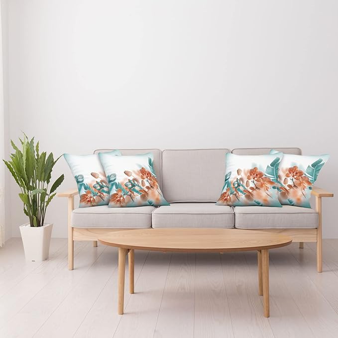 Ambesonne Tropical Throw Pillow Cushion Case Pack of 4, Exotic Orchids Blossom Leaves on Blurred Background Floral Themed Modern Art, Modern Accent Double-Sided Digital Printing, 16", Orange Teal