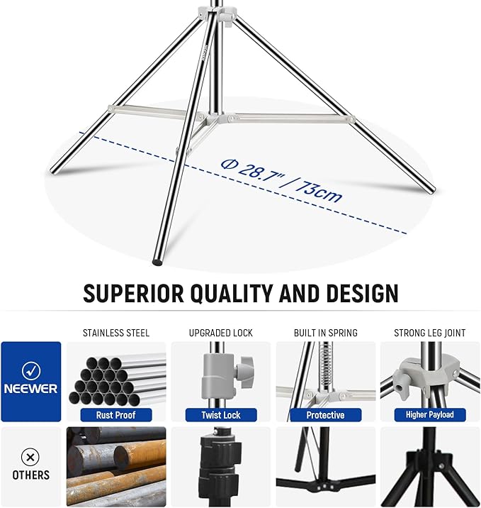 NEEWER Upgraded 75"/190cm Light Stand Stainless Steel Spring Loaded, Foldable Photography Tripod Stand with Stronger Tube Joints for Strobe Softbox LED Ring Light, Max Load 13.5lb/6.5kg, ST-190SS
