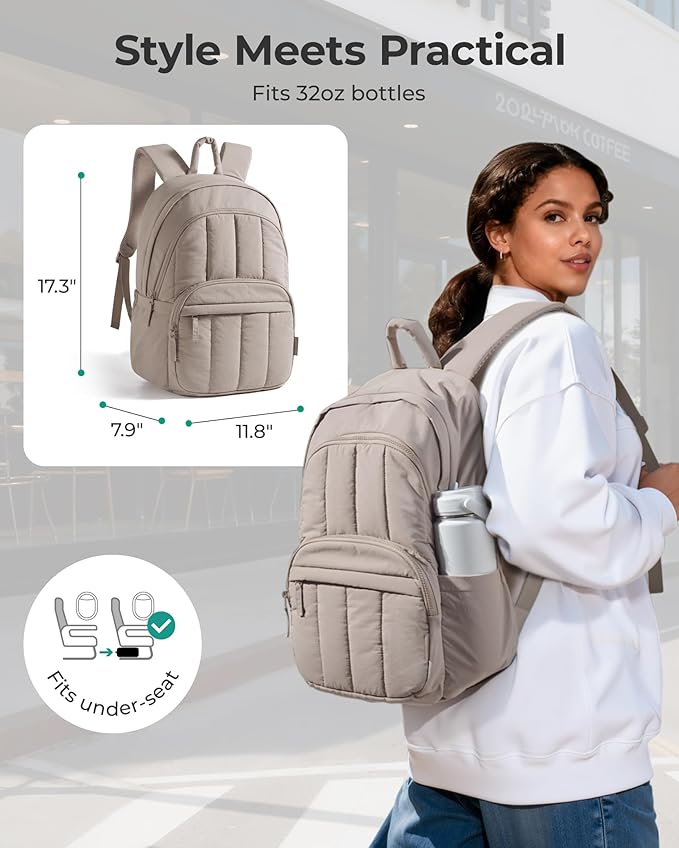 BAGSMART Womens Backpack Travel Laptop Backpack for Women, Quilted College Laptop Bookbag, Work Back Pack for Women, Cute Computer Water-Resistant Casual Daypack, Puffer Soft Pink