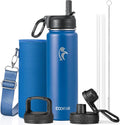 Coolflask Water Bottle 24 oz Insulated with Straw, Stainless Steel Metal 3 Lids Water Flask Wide Mouth for Sports or Office, Non-BPA Keep Cold Up to 48 Hrs or Hot Up to 24 Hrs, King's Blue