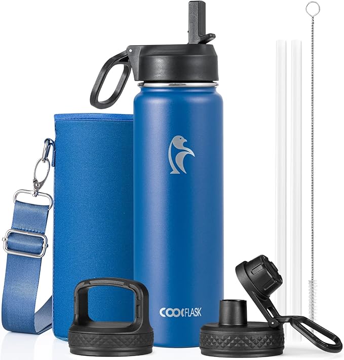 Coolflask Water Bottle 24 oz Insulated with Straw, Stainless Steel Metal 3 Lids Water Flask Wide Mouth for Sports or Office, Non-BPA Keep Cold Up to 48 Hrs or Hot Up to 24 Hrs, King's Blue