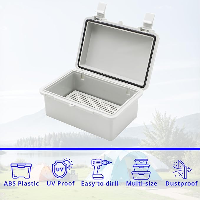 MAKERELE Outside Small Outdoor Junction Box Waterproof Electrical with Lock and Wall Bracket 5.9" 3.9" 2.8" (15010070mm) Hinged Cover Grey Plastic Clip Project ABS Plastic Case with 2 NPT 1/4” Glands