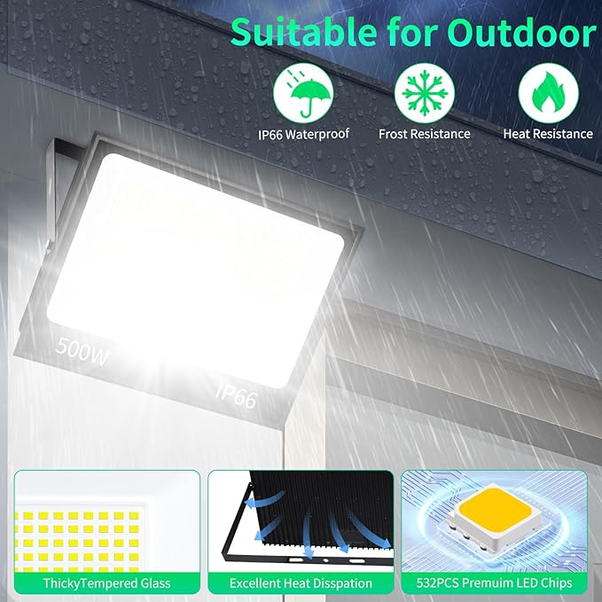 ISUERFY 500W LED Flood Light Outdoor with Plug+10ft Cable, 60000LM Ultra Brighter 5000K Exterior Security Light, IP66 Waterproof Commercial Lighting for Sports Fields Counts Arena Stadium(2 Pack)