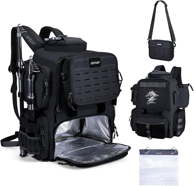 Goture Fishing Backpack, 58L 900D Water-Resistant Insulated Tackle Backpack with Cooler, Rod Holders, 8 Lure Pockets, Detachable Crossbody Bag, Gear Storage Large Fishing Bag for Camping Hiking