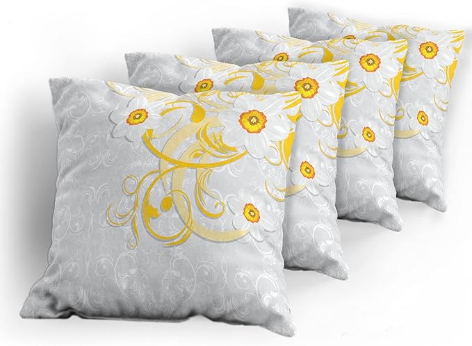 Ambesonne Daffodil Throw Pillow Cushion Case Pack of 4, Daffodils on Ornate Background Floral Repeating Swirling Curves Spring Pattern, Modern Accent Double-Sided Digital Printing, 18", Grey Yellow