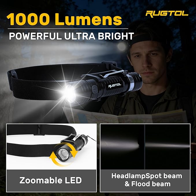 Rugtol Headlamp, USB C Rechargeable Battery Powered Head Lamp LED Flashlight with Clip Magnetic Base, 1000 Lumens Zoomable Aluminum Headlamp IPX4 Waterproof for Hard Hat Working Running Hiking