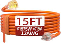 15 FT 12 Gauge Extension Cord Outdoor, Heavy Duty Weatherproof & Flame Retardant Orange 3 Prong Power Cord with Light, Outside for Lawn & Garden, 15 Amps 1875 Watts 125 VAC 12AWG SJTW, ETL Listed