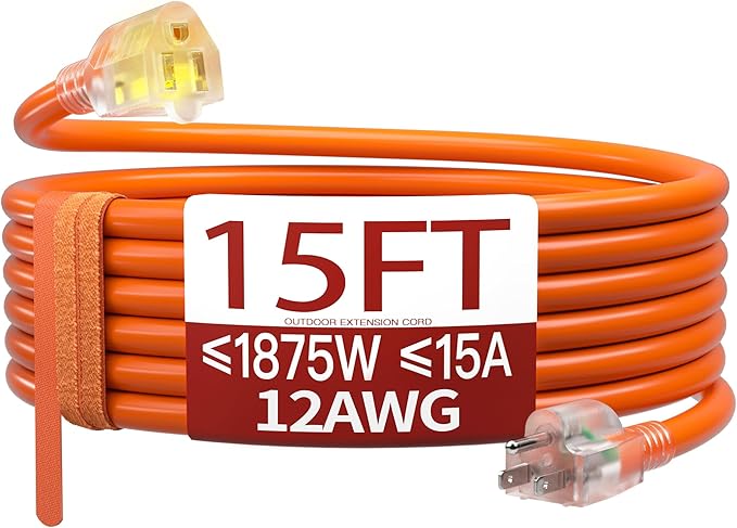 15 FT 12 Gauge Extension Cord Outdoor, Heavy Duty Weatherproof & Flame Retardant Orange 3 Prong Power Cord with Light, Outside for Lawn & Garden, 15 Amps 1875 Watts 125 VAC 12AWG SJTW, ETL Listed
