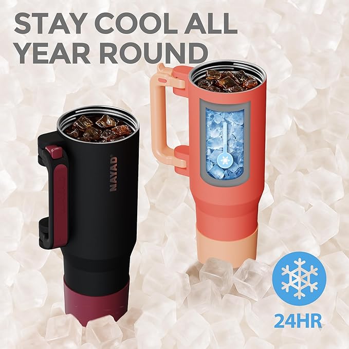 NAYAD 40oz Travel Tumbler with Handle and Straw|Cup Holder Friendly Insulated Stainless Steel Dual Straw-Sip Lid Folding Handle Cupholder Compatible for Travel or Gift| BPA-Free (Black)