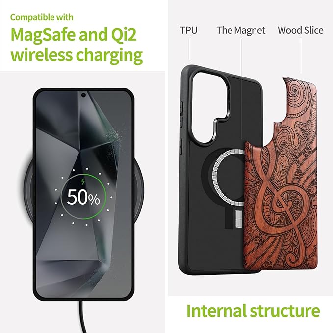 Carveit Magnetic Wooden Case for Samsung Galaxy S26 Ultra Case 2026, TPU Shockproof Cover & Wood Artisan Engraved, Compatible with MagSafe Wireless Chargers (Zen Doodle Treble Clef) Rosy