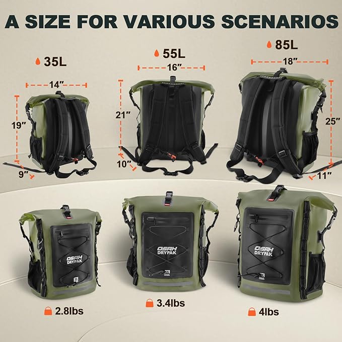 OSAH DRYPAK Waterproof Backpack Dry Bag 35L/55L/85L – Heavy Duty Roll-Top Hiking Backpack for Travel, Kayaking, Boating, Camping, Rafting and Fishing