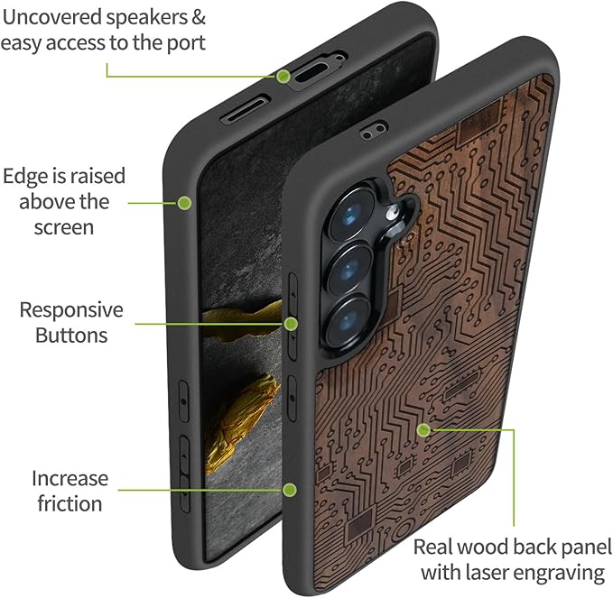 Carveit Wood Case for Galaxy S24 Plus Case [Natural Wood & Black Soft TPU] Shockproof Protective Cover Unique Wooden Design Compatible with S24 Plus (Motherboard-Walnut)