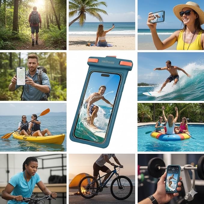 wellhouse Waterproof Phone Pouch, Waterproof Phone Case for iPhone 17 16 15 14 13 Pro Max XS Samsung, IPX8 3D Cellphone Dry Bag Beach Essentials (1 Pack - Blue8.0, 8 inch)