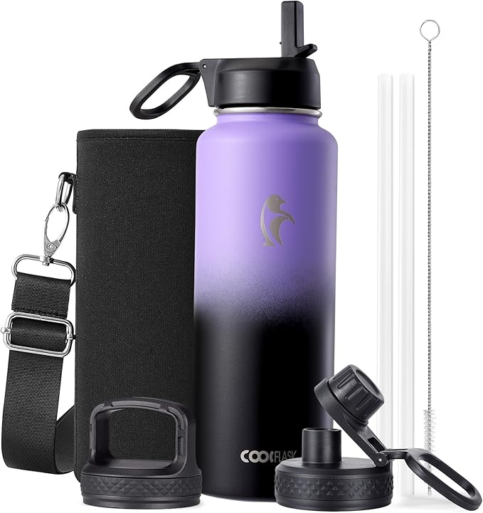Coolflask Water Bottle 40 oz Insulated with Straw, Stainless Steel Metal 3 Lids Water Flask for Sports or Office, Keep Cold 48H Hot 24H, Purple Black