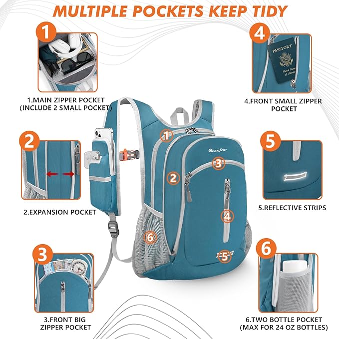 Seektop Small Hiking Backpack Expandable 12L-15L, Lightweight Packable Waterproof Daypack with Phone Pocket for Women Men