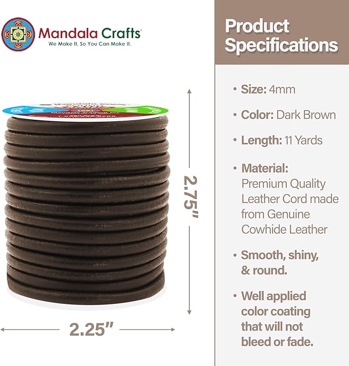 Mandala Crafts Round Genuine Dark Brown Leather Cord for Jewelry Making – 4mm Cowhide Leather Rope String Lace for Kumihimo – 11 Yards Cowhide Craft Cording Spool