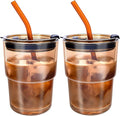 2 PCS Iced Coffee Cups with Lids, 15Oz/450ml Glass Cups With Lids and Straws, Iced Coffee Glasses Tumbler, Thick Wall Glass Mug For Tea Water With 2 Straw And Leather Sleeve, Xmas Gifts (Amber)