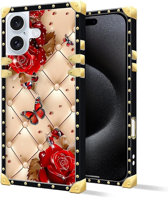 Compatible with iPhone 16 Case, Shining Red Rose Butterfly Leather Background Luxury Golden Decoration for Girl Women Soft TPU Shockproof Protective Hard PC Back