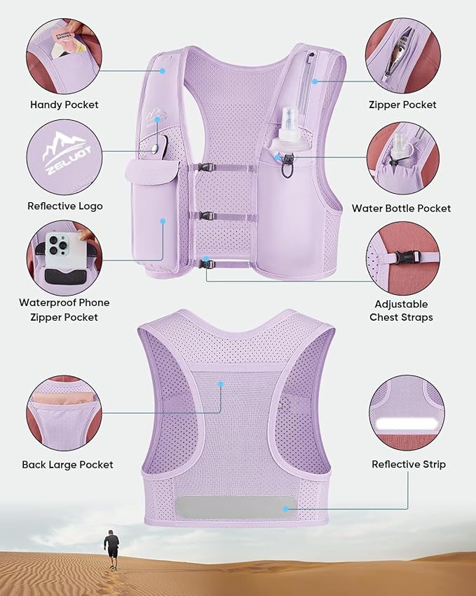 Zelvot Running Vest for Women Men, USA Original Patent, Adjustable Chest Straps Running Hydration Vest with 500ml Soft Flask, Lightweight Reflective Hydration Backpack for Marathon
