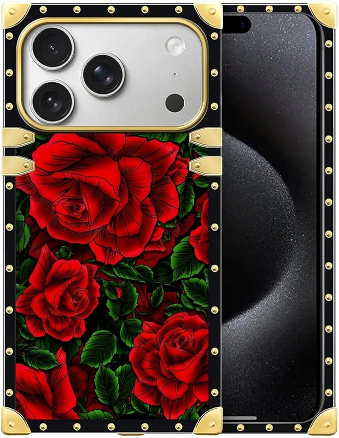 for iPhone 17 Pro Max Case Luxury Golden Decoration for Girl Women Soft TPU Shockproof Protective Hard PC Back for iPhone 17 Pro Max Crazy Pattern Vector Red Rose Green Leaf