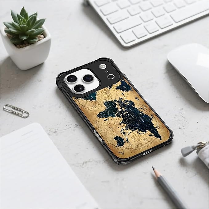for iPhone 17 Pro Case,for MagSafe Graphic Design for Girl Boy Soft Silicone Hard Acrylic Shock Protection Designed for iPhone 17 Pro Brown World Map Pattern