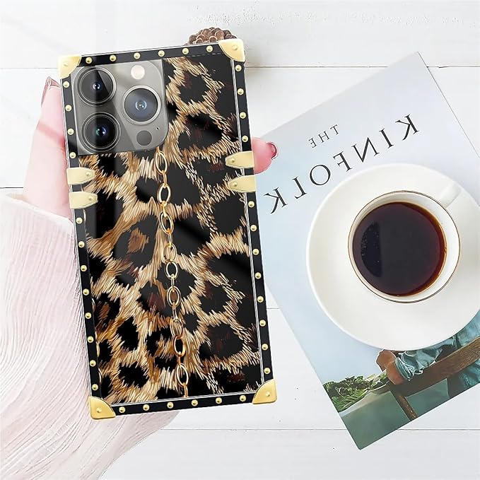 Compatible with iPhone 14 Pro Max Case, Seamless Gold Chain Leopard Luxury Golden Decoration for Girl Women Soft TPU Shockproof Protective Hard PC Back for iPhone 14 Pro Max