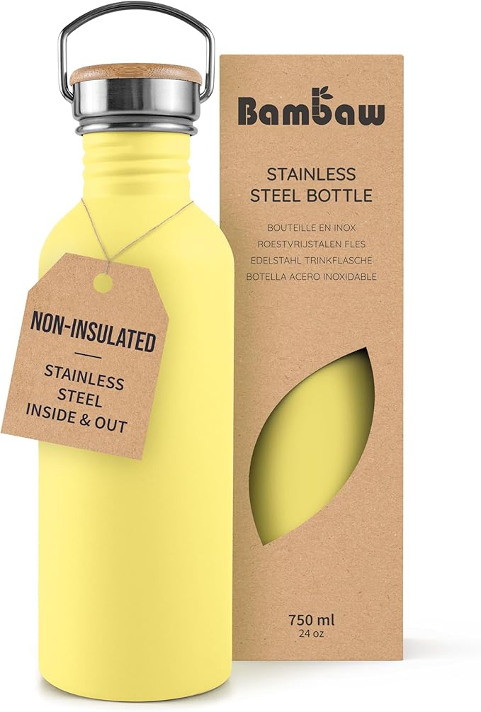 Bambaw 750ml Stainless Steel Sports Bottle, Yellow Sports Bottle, Non-Insulated Water Bottle, Reusable, Hiking 750ml - Imperial Yellow