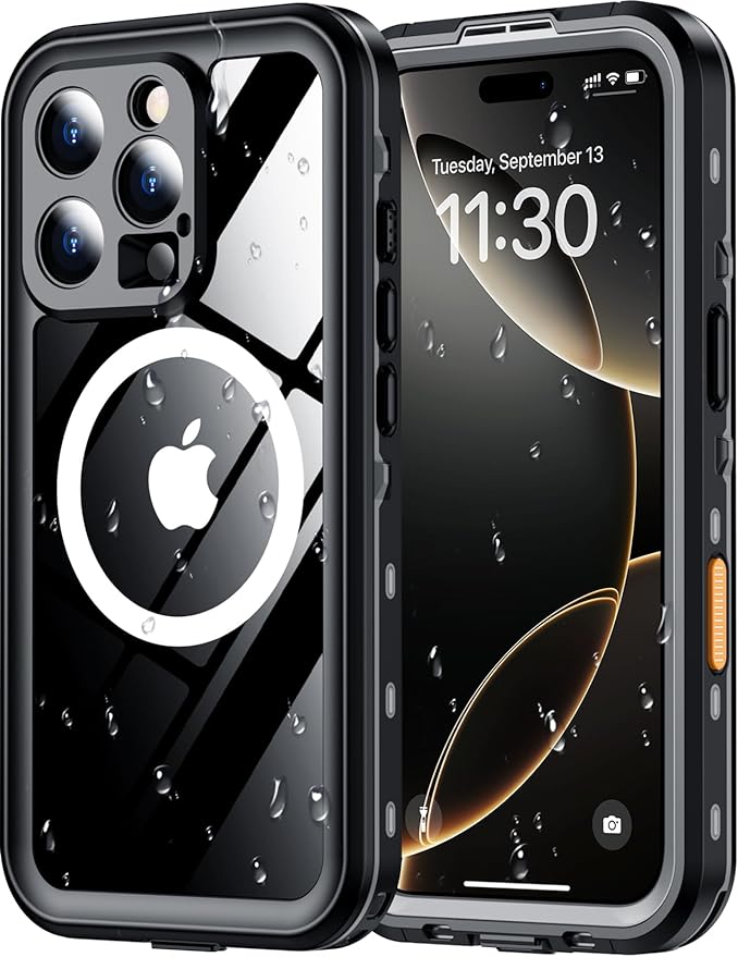 Red2Fire for iPhone 16 Pro Case Waterproof, [Built-in Screen Protector & Camera Protector][Compatible with MagSafe][Full Body Shockproof][IP68 Waterproof][Dustproof] Phone Case 6.3" Black/Clear