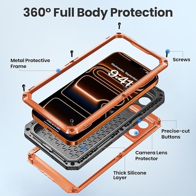 Mitywah Waterproof Case for iPhone 17 Pro, Rugged Metal Case with Built-in Screen Protector, Heavy Duty Full Body Shockproof Protective Cover 6.3 inch, Orange