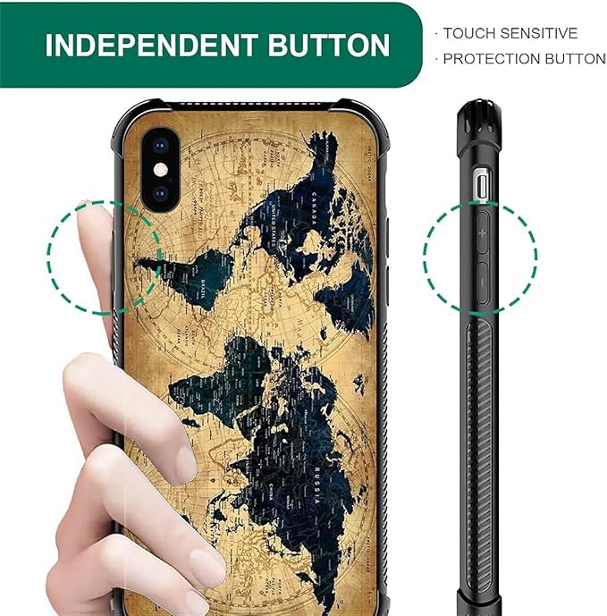 for iPhone Xs Max Case, Brown World Map Pattern Graphic Design Girl Boy Soft Silicone Hard Acrylic Shock Protection for iPhone Xs Max