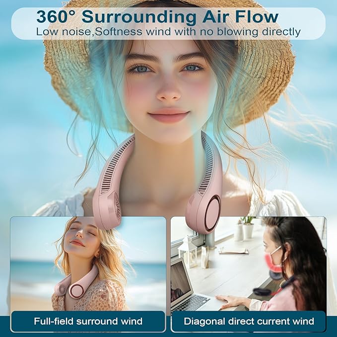 CIVPOWER Neck Fan: Portable Personal Neck Cooling Rechargeable Bladeless Fan - Hands Free 3 Speed 4000 mAh Battery USB Operated Wearable Headphone Design - Gift for Men Women Outdoor (Pink)