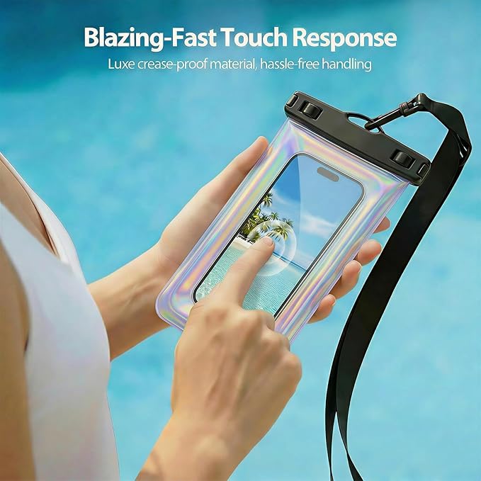 Floatable Waterproof Phone Pouch Case for iPhone 17 16 Pro Max/15/14, IP68 Travel Cellphone Dry Bag Beach Cruise Ship Essentials Bags with Crossbody Lanyard, Iridescent Purple with Word - 7″