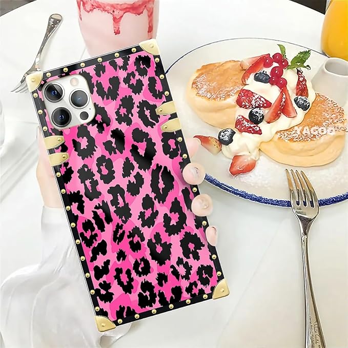 Compatible with iPhone 12 Case, Pink Black Leopard Luxury Golden Decoration for Girl Women Soft TPU Shockproof Protective Hard PC Back for iPhone 12 Pro