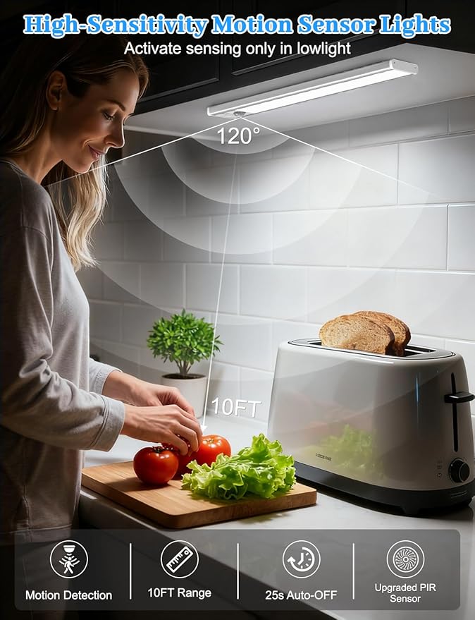 14in Under Cabinet Lighting with Charging Station, 3200mAh Rechargeable Motion Sensor Light Indoor, 3 Color Tempers Dimmable Closet Lights Wireless, Magnetic Under Cabinet Lights for Kitchen, 3-Pack