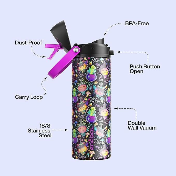 Insulated Water Bottle with Straw - Encool Stainless Steel Water Bottle with Push Button Lid, Leak-Proof & BPA-Free, Keeps Cold for 24 Hours for Sports, Travel, Gym (24 oz, Meowgic Night)