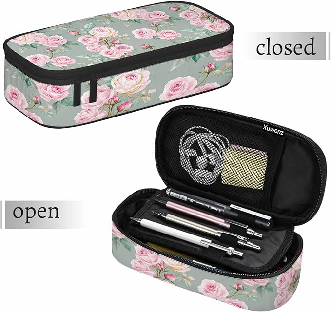 Pink Blooming Flower Pencil Holder Bag Roses Peonies Bouquets Leaves Garden Pencil Case College Office School for Teens Boy Girl