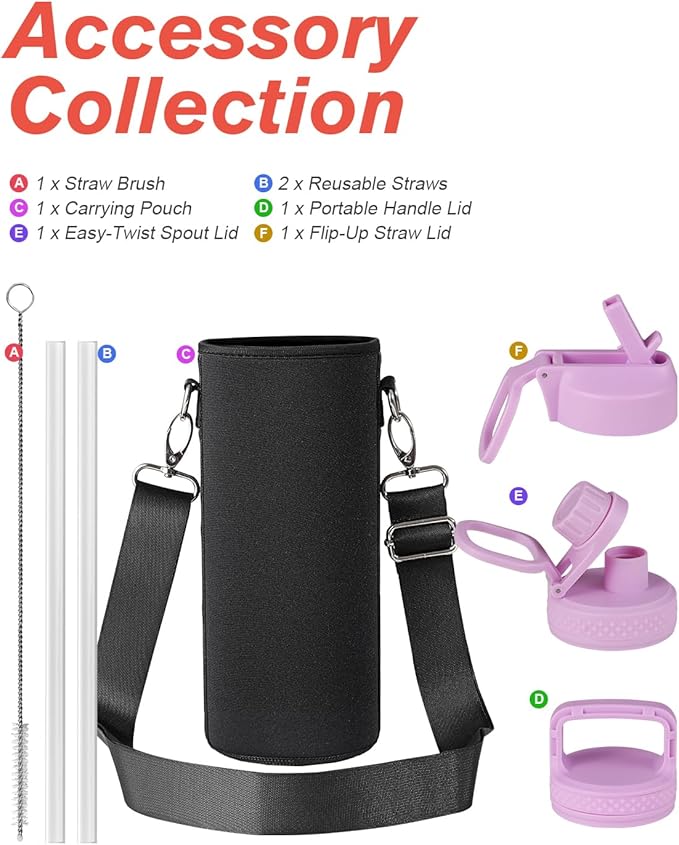 Coolflask Water Bottle 40 oz Insulated with Straw, Stainless Steel Metal 3 Lids Water Flask for Sports or Office, Keep Cold 48H Hot 24H, Pink