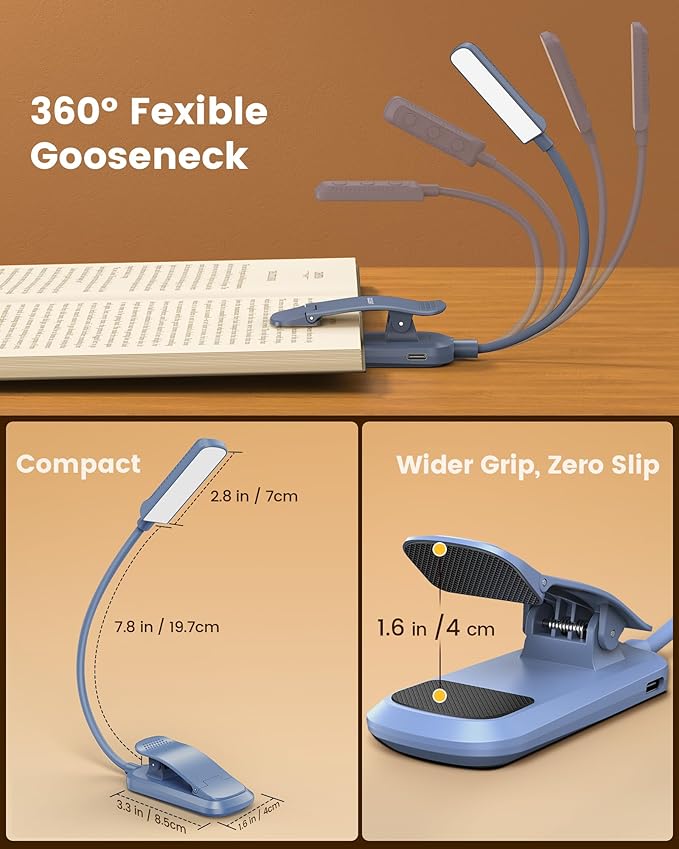 Glocusent 13 LEDs Book Lights for Reading at Night, 120 Hrs Runtime Rechargeable Reading Light, Eye Caring 3 Colors & 5 Stepless Dimming Brightness 3–60LM, Flexible Clip on Light for Book Lovers Kids