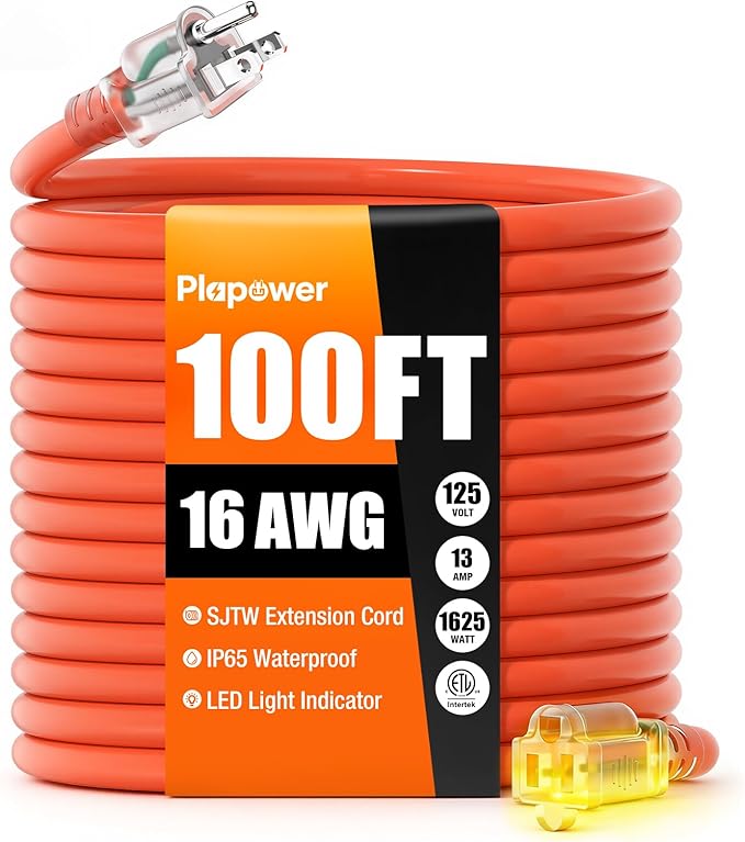 100 FT Outdoor Extension Cord Waterproof, 16/3 Gauge Heavy Duty 3 Prong Power Cord with Lighted Indicator End, 13A 125V 1625W SJTW, ETL Listed, Great for Lawn/Garden/Home(Orange)