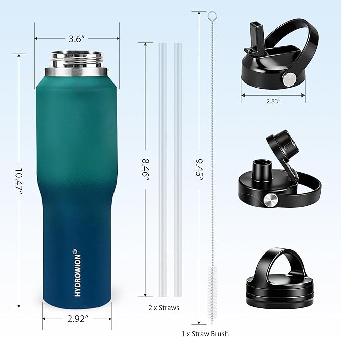 HYDROWION Water Bottle Stainless Steel,Vacuum Insulated Leak Proof Tumbler 32oz with Straw Lid, Spout Lid and Flex Cap(Cold for 48 Hrs, Hot for 24 Hrs), Fit in Any Car Cup Holder, Green - Blue