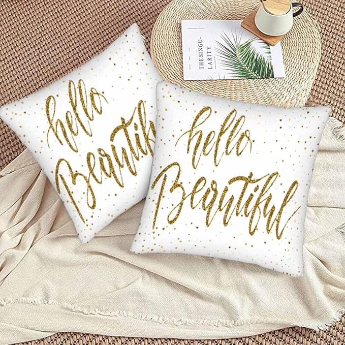 Hello Beautiful Bling Pillow Covers 18 X 18 Gold Glitter Motivational Quote Set of 2 Pillow Cases Square Velvet Outdoor Throw Cushion Pillowcases Decorative for Home Bed Sofa Couch Hotel