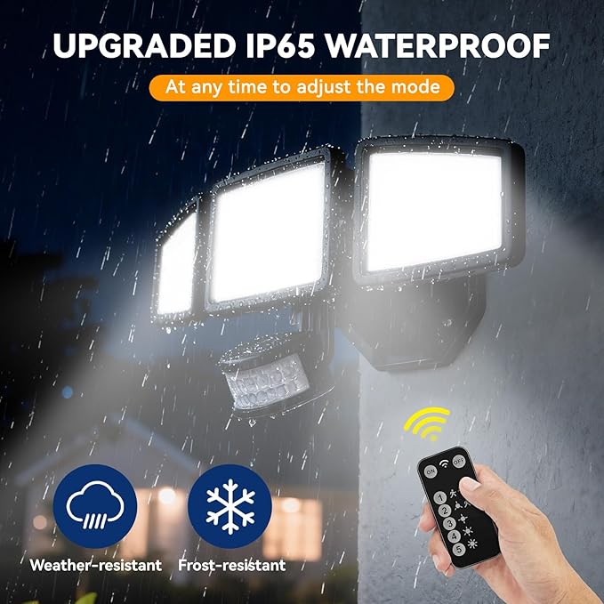LED Security Lights Motion Sensor Light Outdoor, 7000LM, 6500K, Waterproof, Flood Light Outdoor Motion Detector with Adjustable 3 Head, Hardwired Wall Light for Entryway, Yard, Garage