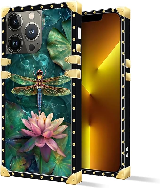 Compatible with iPhone 13 Pro Max Case, Colourful Dragonfly Pink Lily Pads Luxury Golden Decoration for Girl Women Soft TPU Shockproof Protective Hard PC Back for iPhone 13 Pro Max