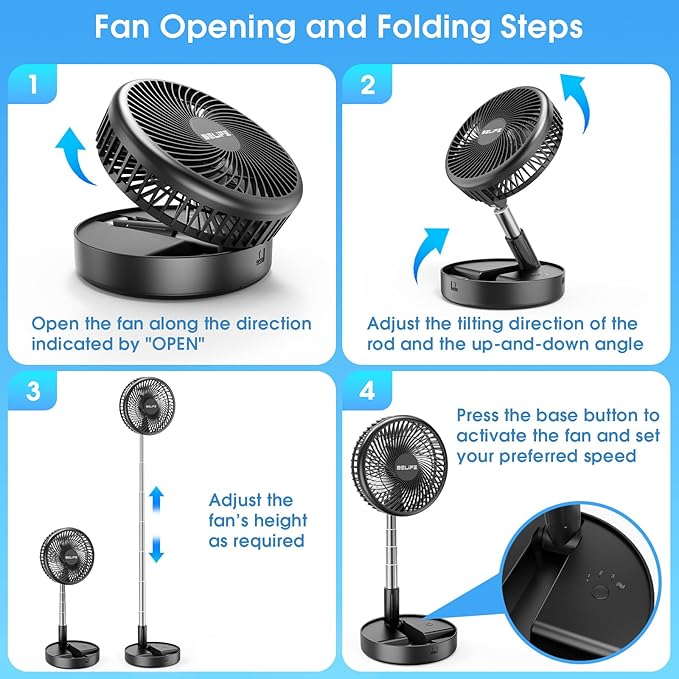 Belife X8-Lite Portable Fan, 7200mAh Battery Powered Rechargeable,USB Desk Floor Fan with Remote, Foldable Telescopic Fan for Home Bedroom Sleeping Office Camping Travel, 7.7" (Non-Oscillating, Black)