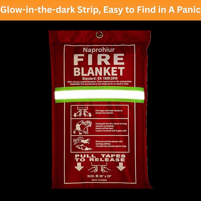 Emergerncy Silicone Fire Blanket for Home and Kitchen, 2 Pack 40"x40" Skin-friendly Fireproof Blanket, Glow-in-the-dark, Fire Retardant Suppression Compatible with Extinguisher
